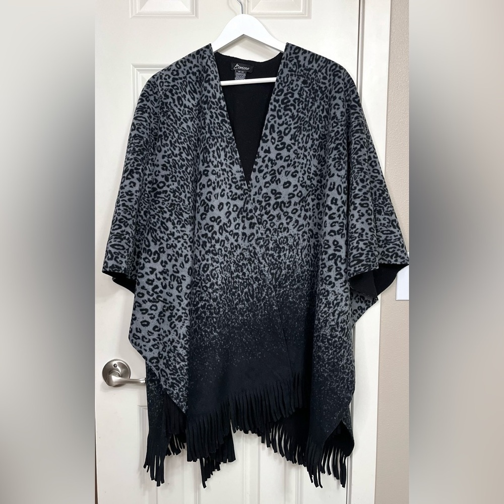 Leopard Print Fringe-Trim Shawl Poncho
